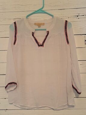 Harlow White Embroidered Split-Neck Blouse with Navy & Pink Trim